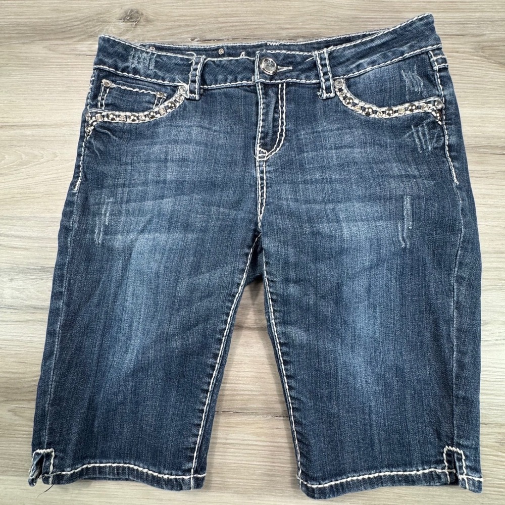 LA Idol USA Womens Dark Wash‎ Rhinestone Embellished Bermuda Shorts Size 11 W33